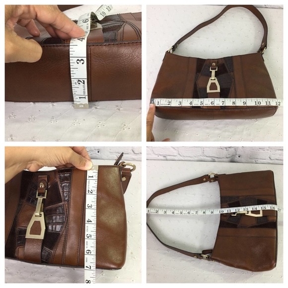 Etienne Aigner Brown Genuine Leather Color Block Zippered Small Shoulder Bag - Picture 9 of 12